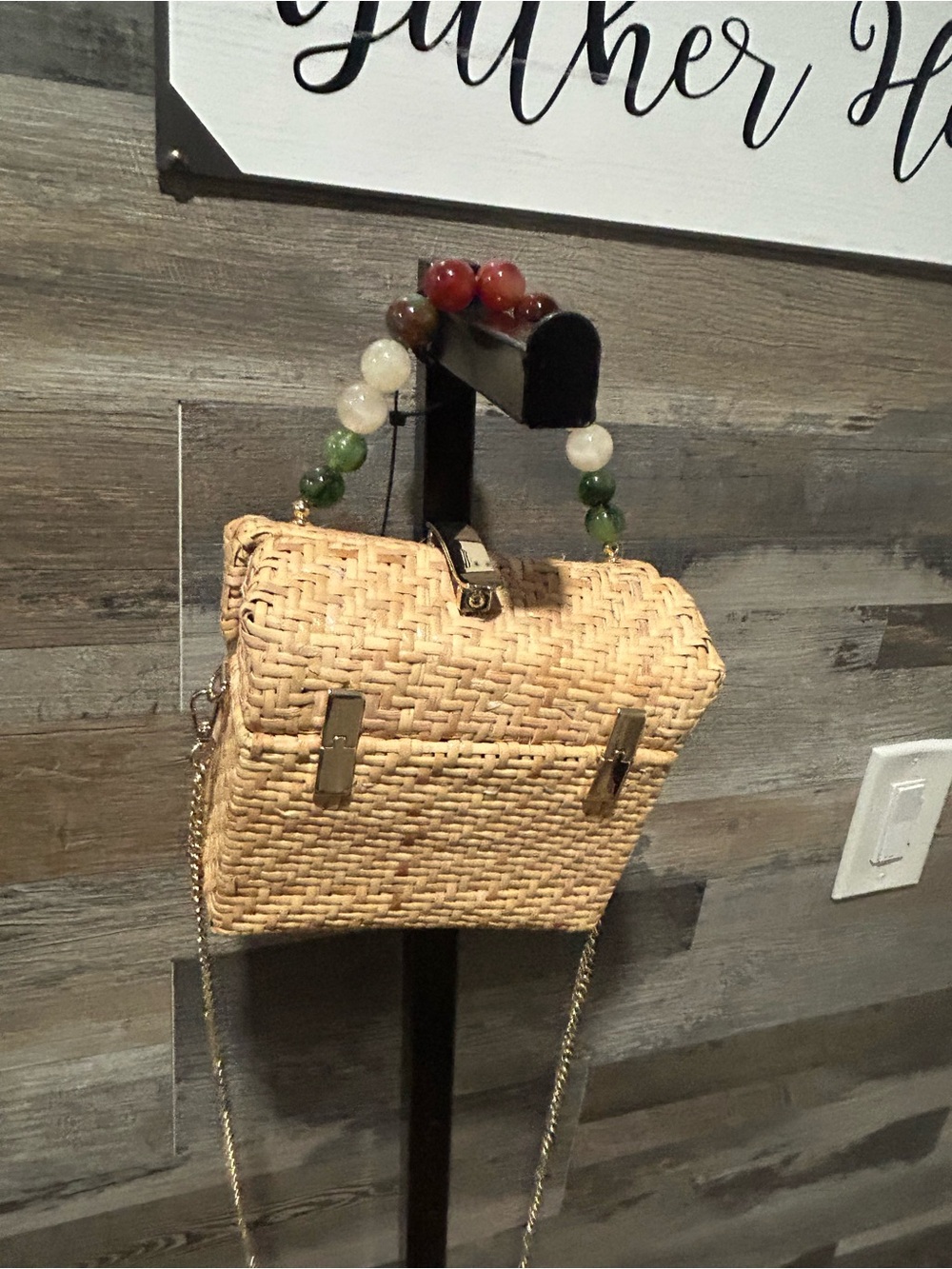 Beaded-Handle Woven Crossbody Bag - Natural Straw